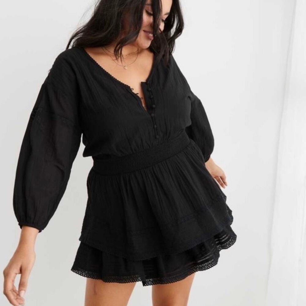 AERIE Rock N Ruffle Lace Mini Dress Black Large L